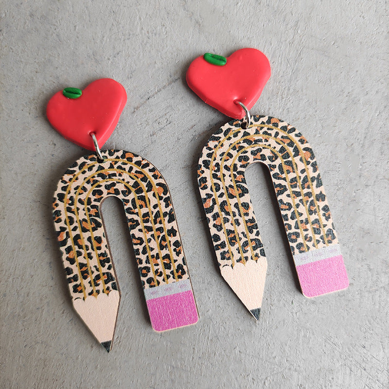 Wholesale Leopard Print Pencil Teacher Wooden Earrings Teacher's Day ACC-ES-HY025