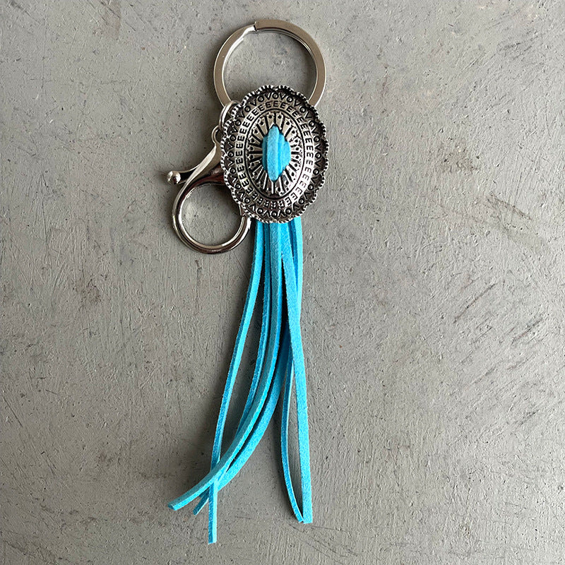 Wholesale Retro Western Cowboy Style Pumpkin Flower Tassel Keychain Alloy Electroplated Anti Lost Key Ring Stylish Bag Charm Car Key Accessory
