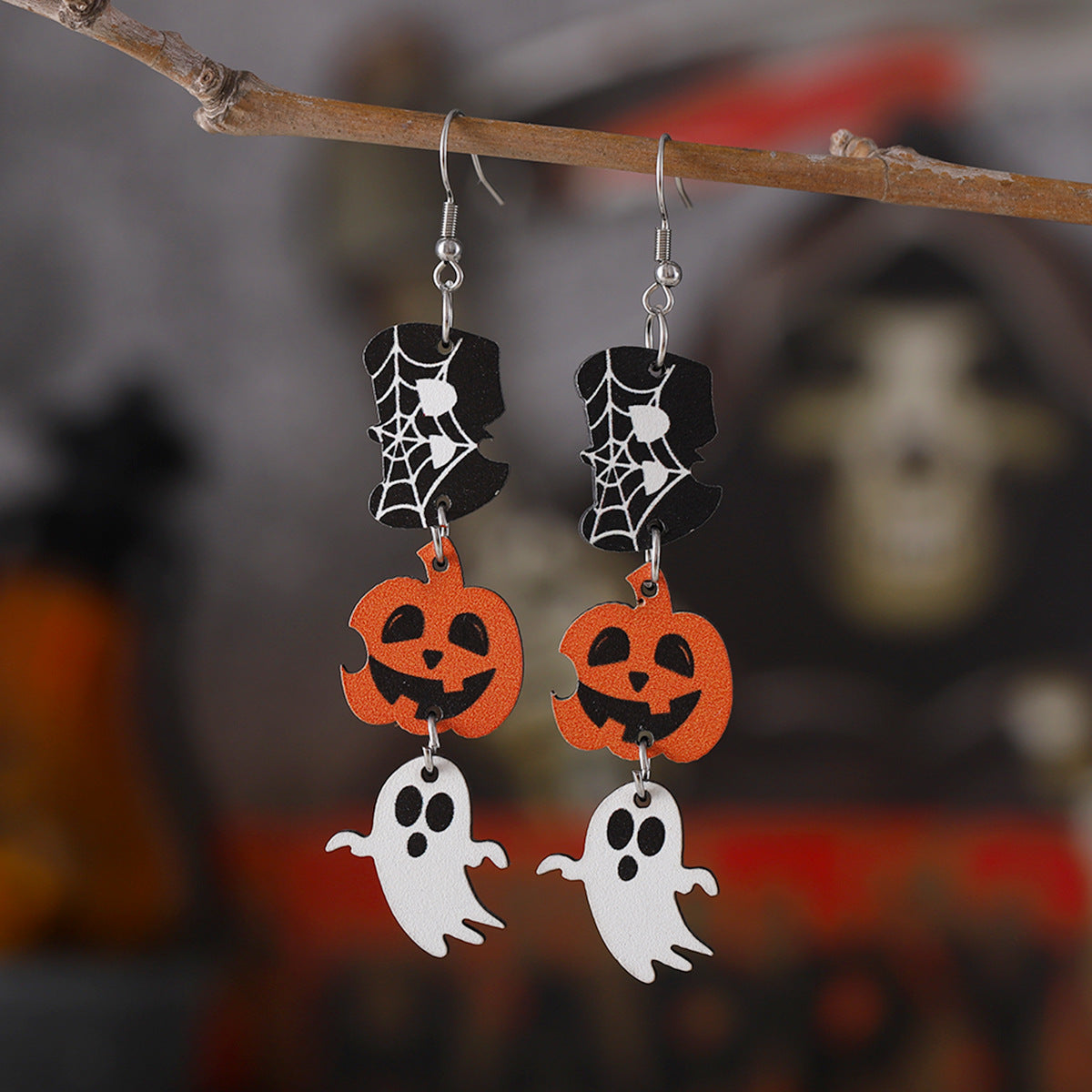 Wholesale Halloween Ghost Face Pumpkin Ghost Triple Stitching Wood Gothic Earrings ACC-ES-ChuLian064