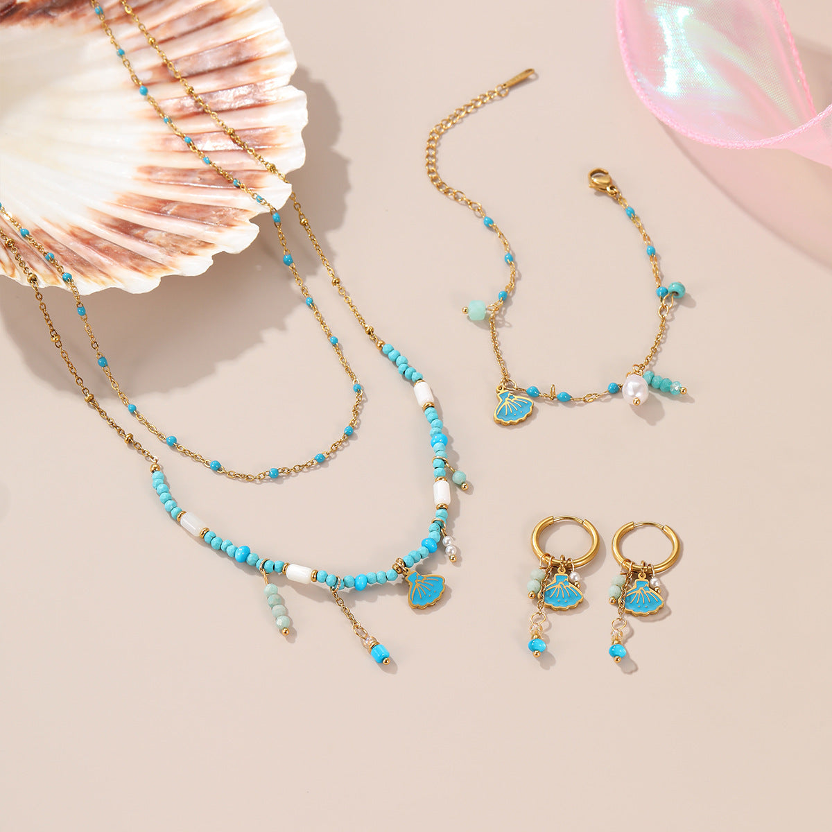 Wholesale Colorful bead necklace,  stainless steel earrings,  shell bracelet