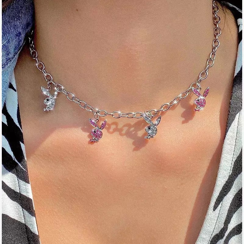 Wholesale  stainless steel rabbit necklace  rock full diamond clavicle chain necklace