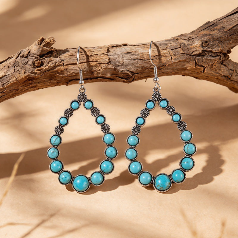 Wholesale Silver Alloy Geometric Hollow Turquoise Drop Earrings Ethnic Style Fashion Jewelry Accessory