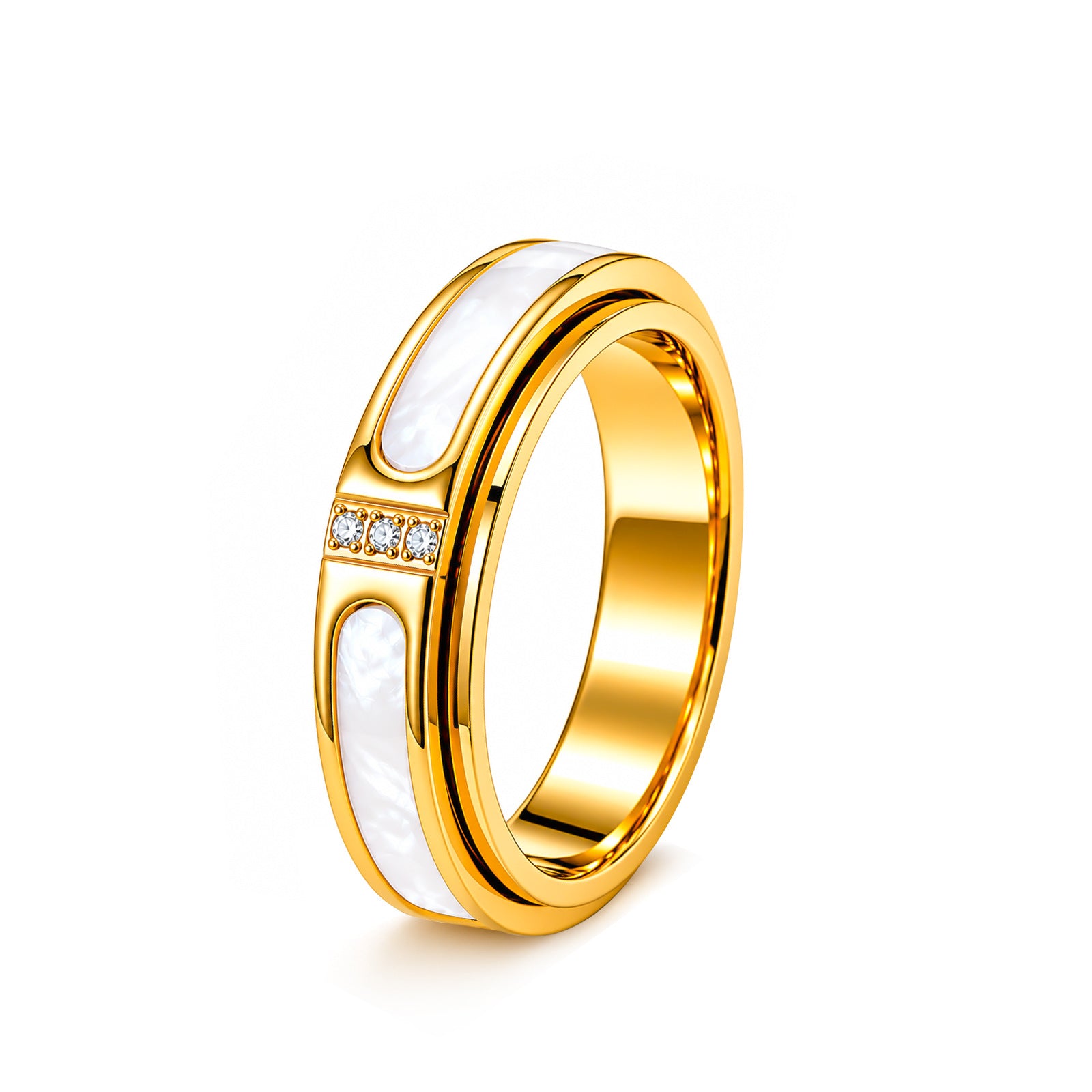 Wholesale White Shell Rotating Inlaid Ring Stainless Steel Gold Plated Fashion Accessory