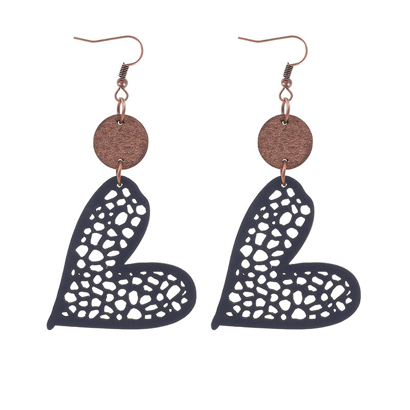 Wholesale Valentine's Day Love Wood Pieces Hollow Mesh Leather  Earrings