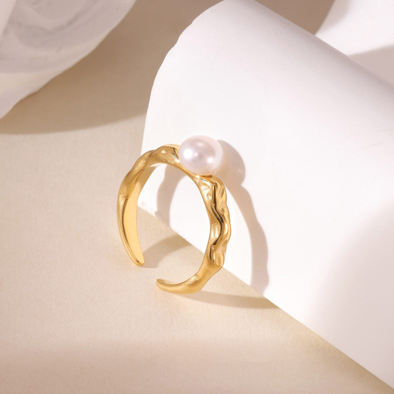 Wholesale Geometric Titanium Steel Open Ring with Faux Pearl