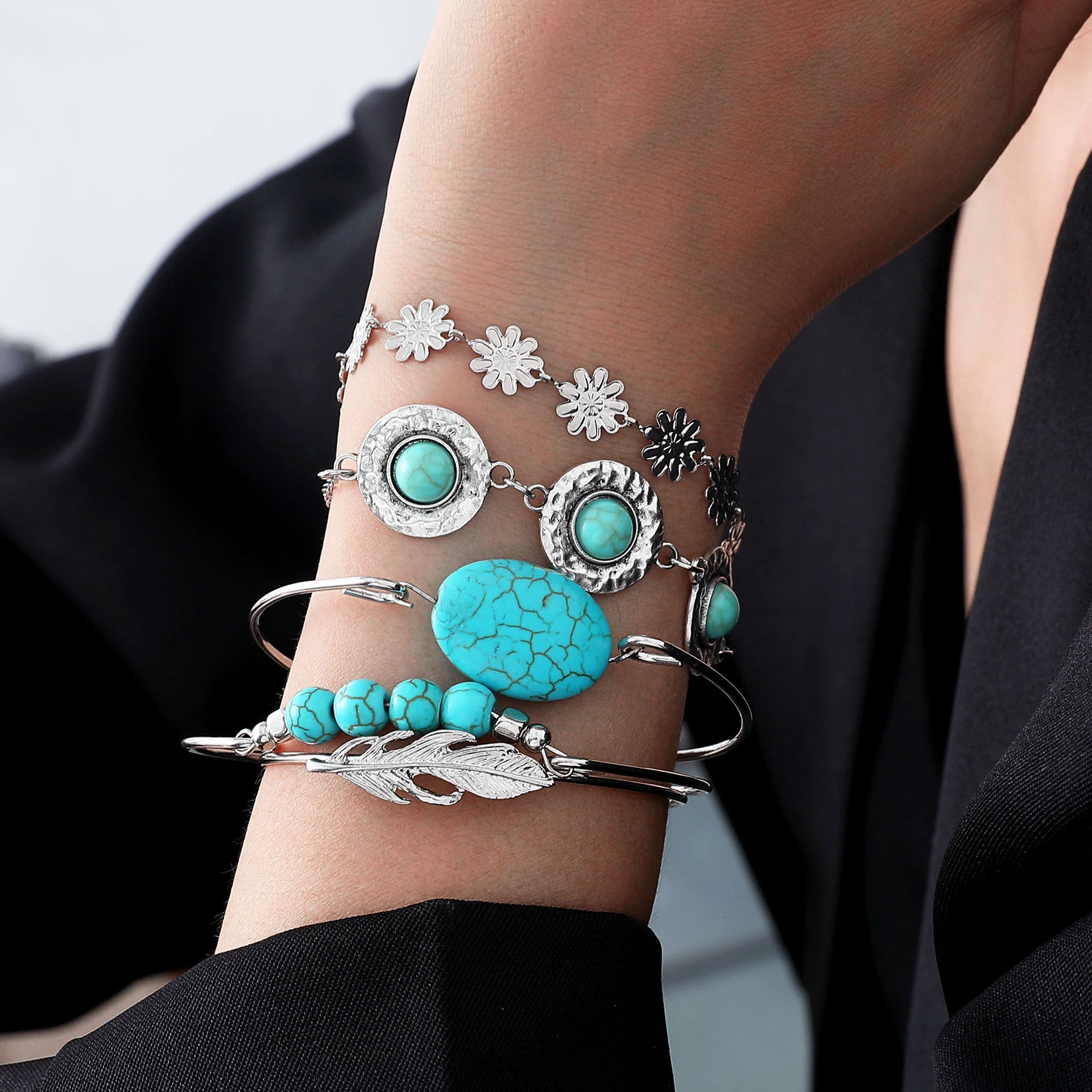 Wholesale Turquoise Feather Flower Bracelet Set - Ethnic Style 5-Piece Jewelry for Gift or Everyday Wear