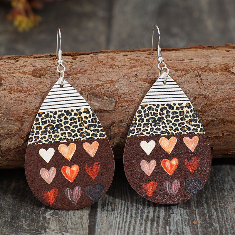 Wholesale Valentine' s Day new leopard print Love drop-shaped artistic retro style leather earrings earrings
