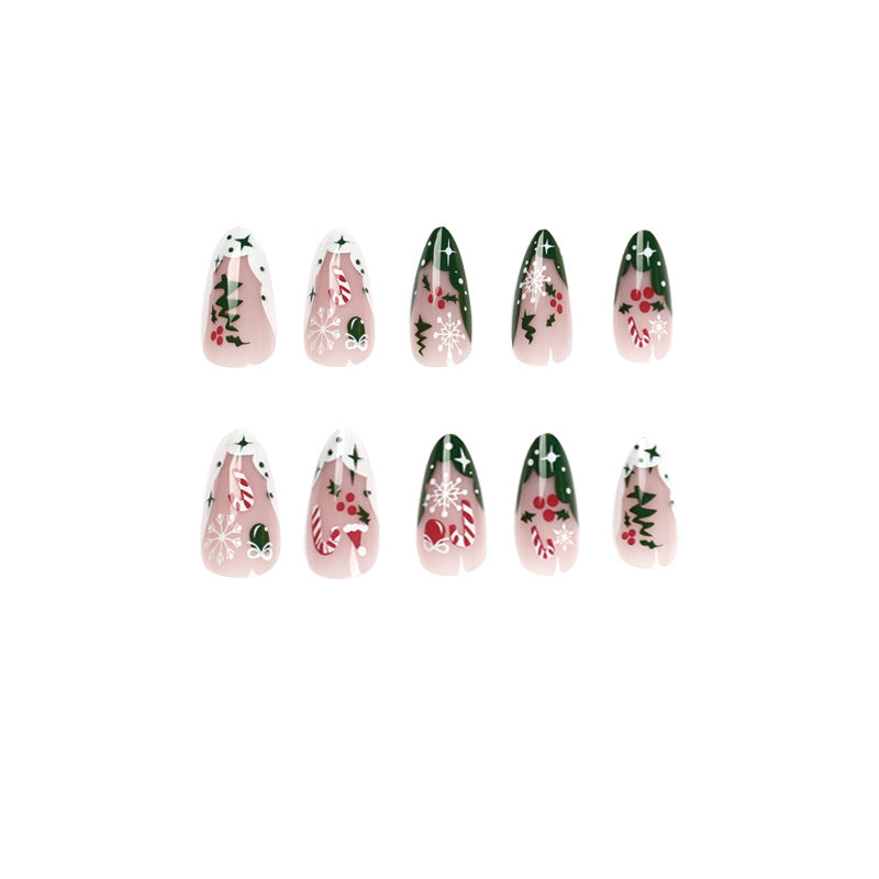 Wholesale 24 Pieces/box Christmas White and Green Contrast Press-on Nails Kits Nail Stickers ACC-NS-LeFan025