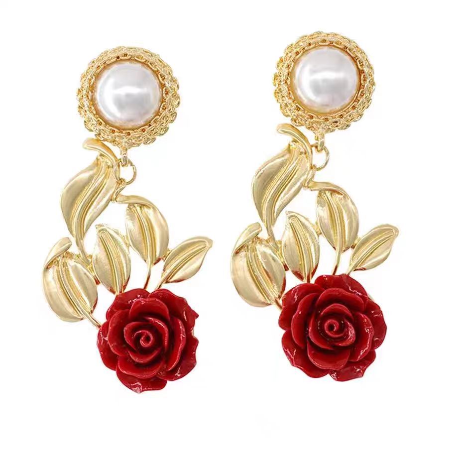 Wholesale Metal Red Rose Flower Earrings