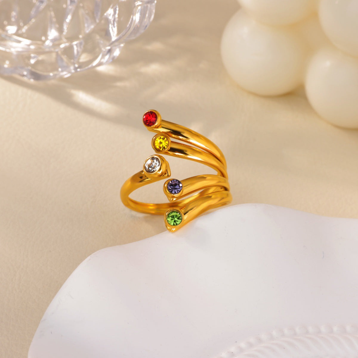 Wholesale Gold Plated Heart Shape Open Ring with Multicolor Zircon - Boutique Resale Jewelry Accessory