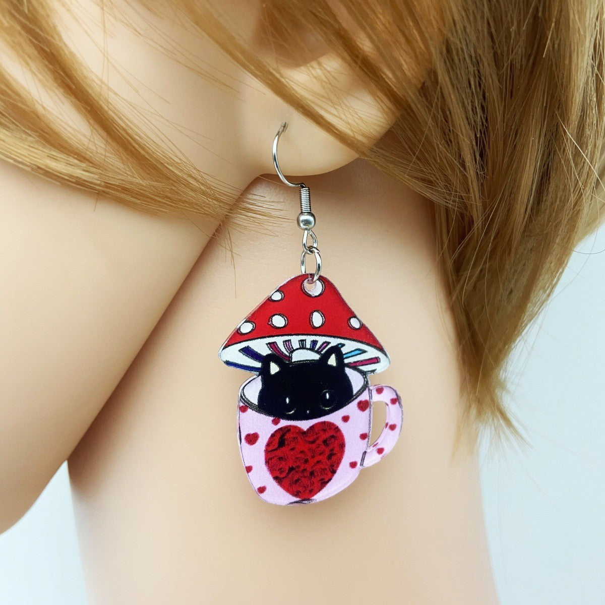 Wholesale Acrylic Printed Heart Cat Earrings