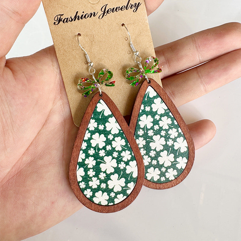 Wholesale Wooden St.  Patrick' s Day Bow Clover Earrings