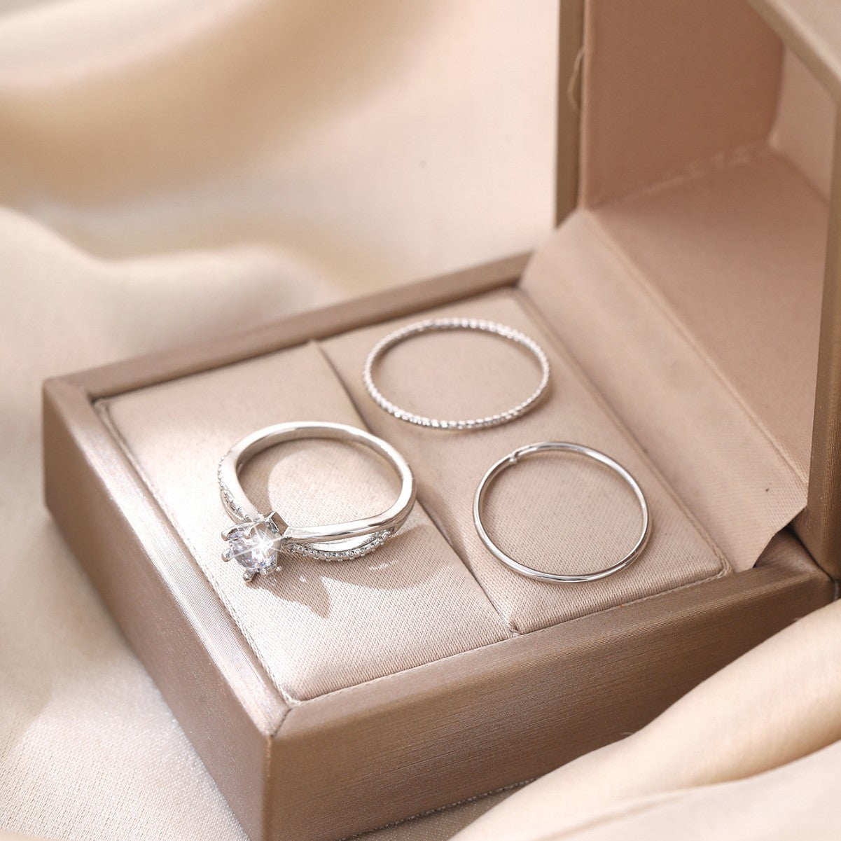 Wholesale  plain ring three-piece set copper inlaid shiny zircon ring