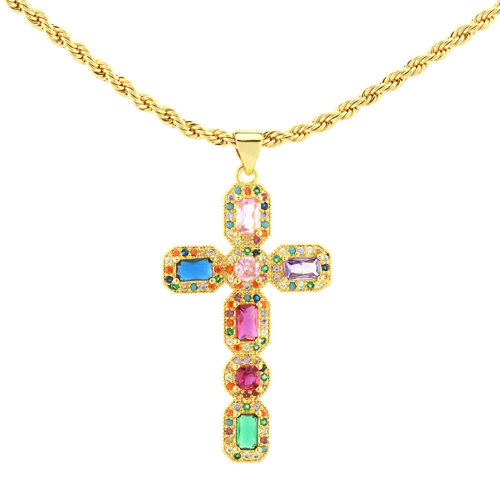 Wholesale Micro-inlaid colored zirconium cross necklace electroplated 18K gold clavicle chain jewelry
