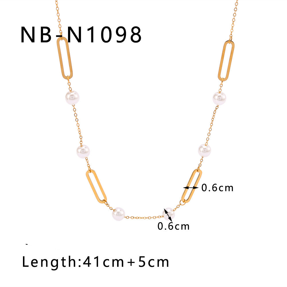 Wholesale Rectangular Hollow Pearl Titanium Steel 18k Gold Plated Necklace