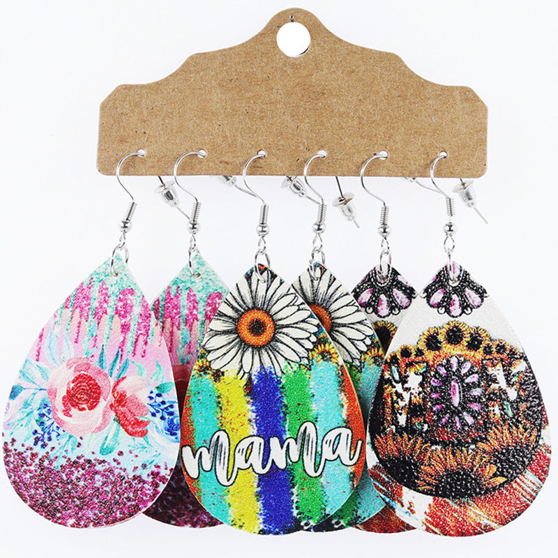 Wholesale Mother's Day Teardrop Shape Leather Floral Earrings Cow Pattern Set ACC-ES-Mijun004