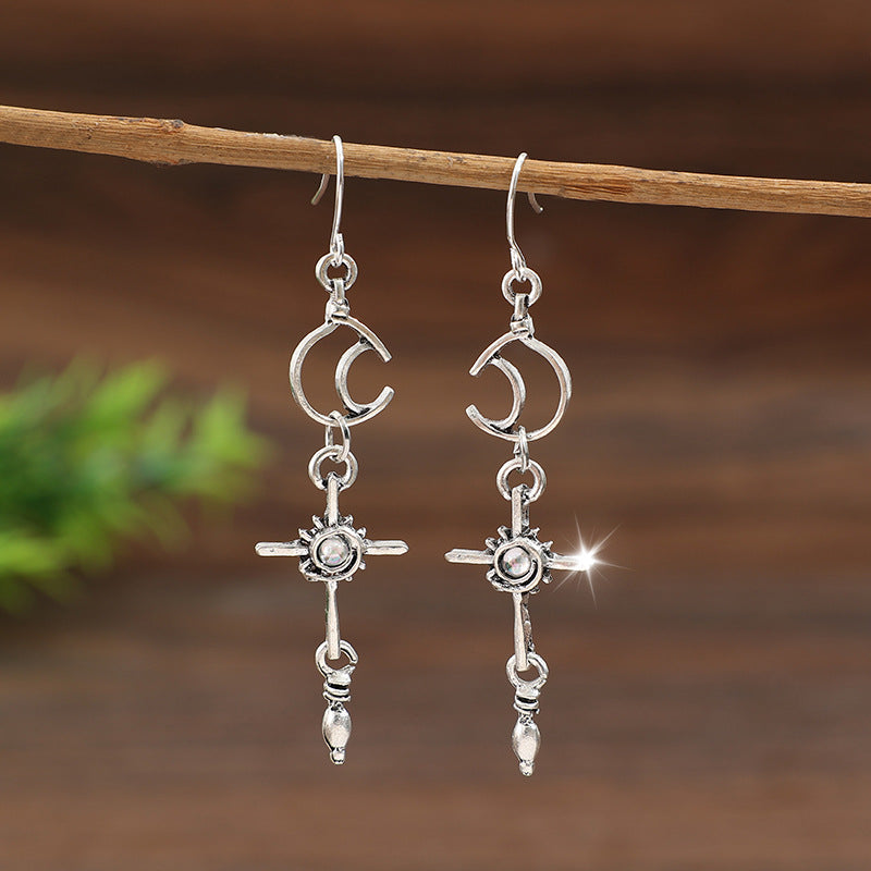 Wholesale Long Moon Sun Symmetric Alloy Earrings Ethnic Style Silver Tone Jewelry Accessory For Party And Boutique Resale