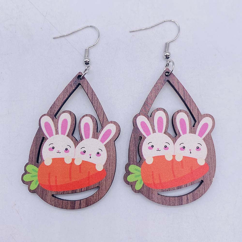Wholesale Easter Egg Dwarf Rabbit Water Drop Hollow Wooden Earrings ACC-ES-CY003