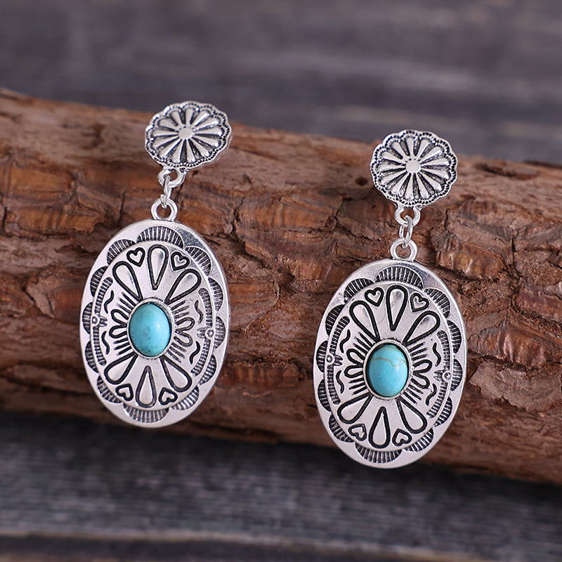 Wholesale Retro Bohemian Turquoise Alloy Carved Earrings Fashion Jewelry Accessory