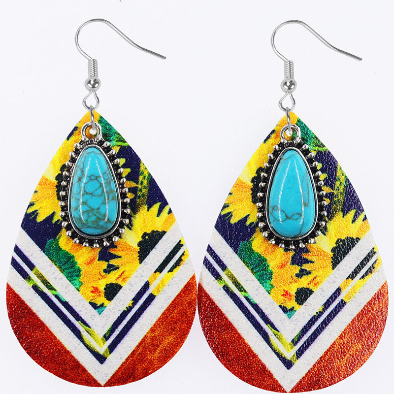 Wholesale Western Denim style Aztec wind drop-shaped leather earrings