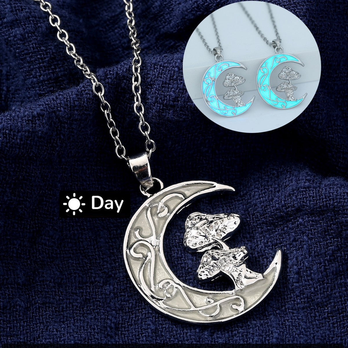 Wholesale retro moon mushroom oil drop luminous  pendant necklace