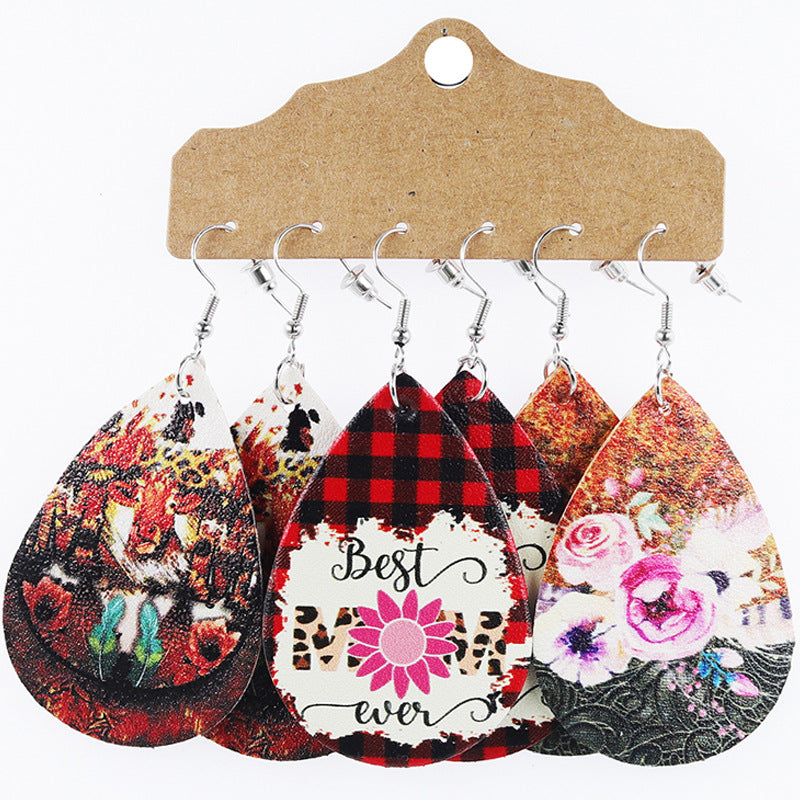 Wholesale Mother's Day Teardrop Shape Leather Floral Earrings Cow Pattern Set ACC-ES-Mijun004