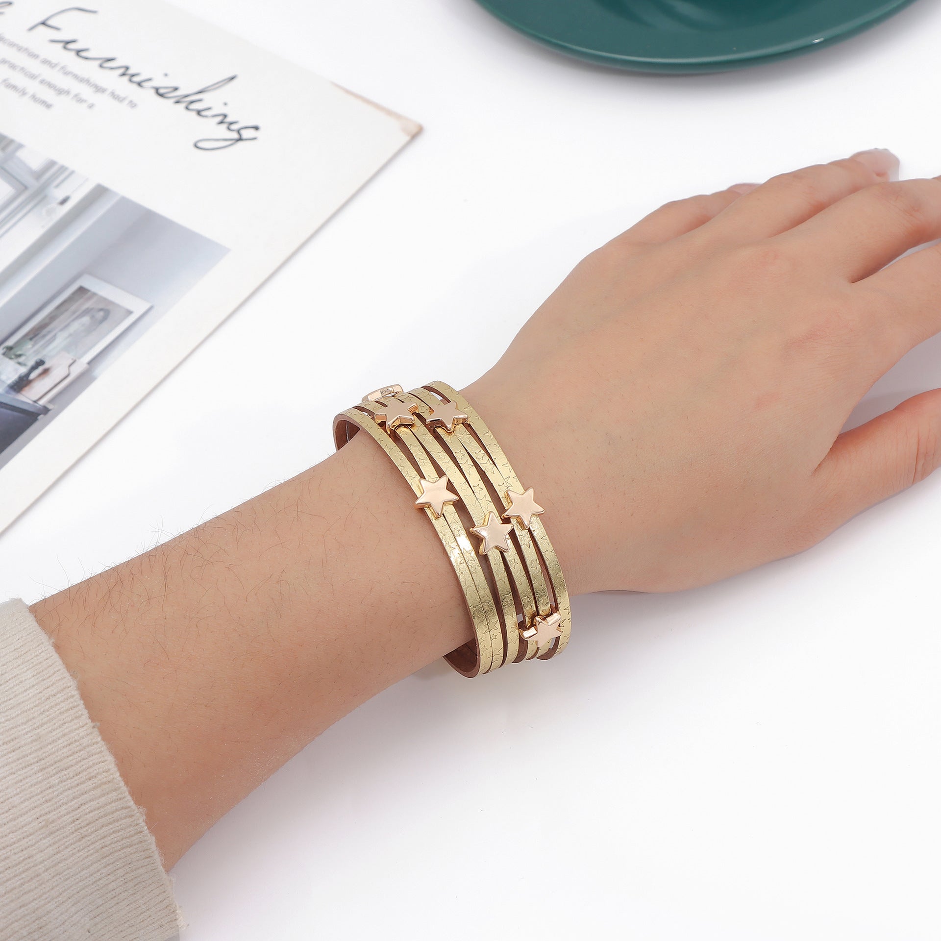Wholesale Gold Leather Star Multi Layer Bracelet Magnetic Clasp Women S Vacation Style Chic Jewelry Gift