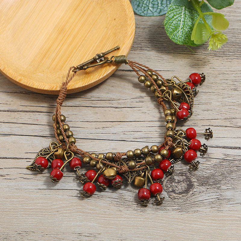 Wholesale Retro Forest Style Cherry Bracelet Ethnic Style Tassel Ceramic Bracelet Vintage ACC-BT-Luox003