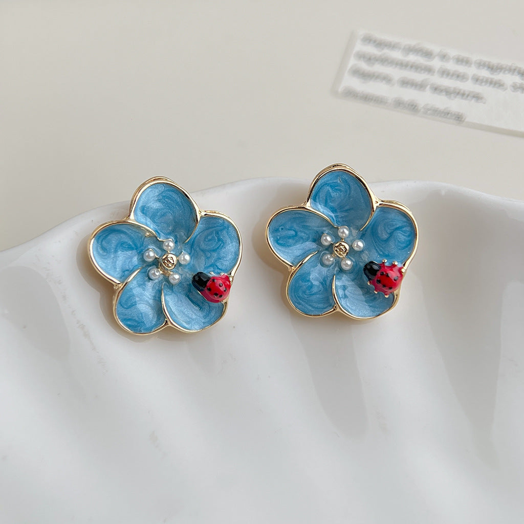 Wholesale Copper Blue Enamel Drip-Glazed Flower Earrings,  Fresh Floral Pearl Studs,  Fashion Accessory