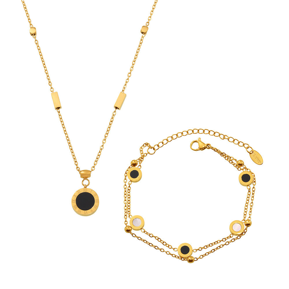 Wholesale Roman Numeral Black White Shell Pendant Necklace Stainless Steel Gold Plated Boutique Resale