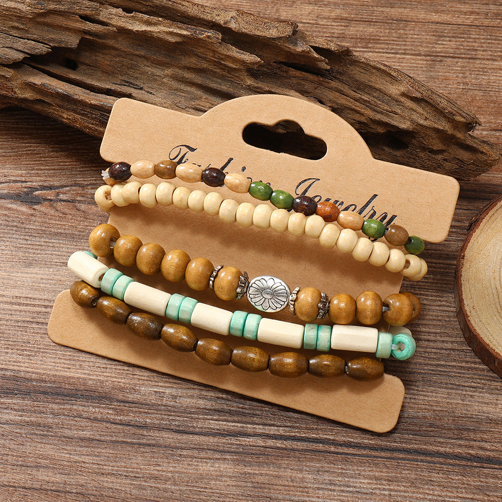 Wholesale Colorful Wooden Beads Flower Five-piece Bracelet
