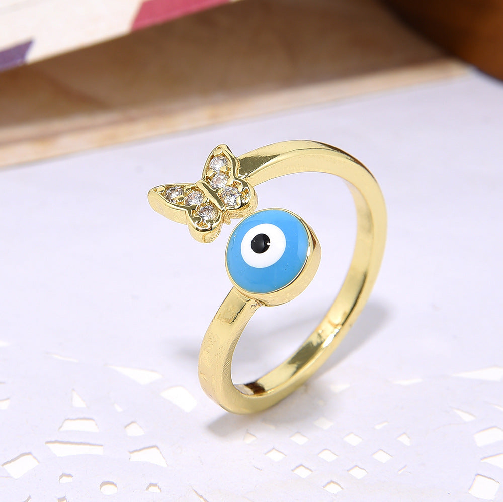 Wholesale Copper plated 18k color-preserving zircon butterfly oil-drop evil eye ring
