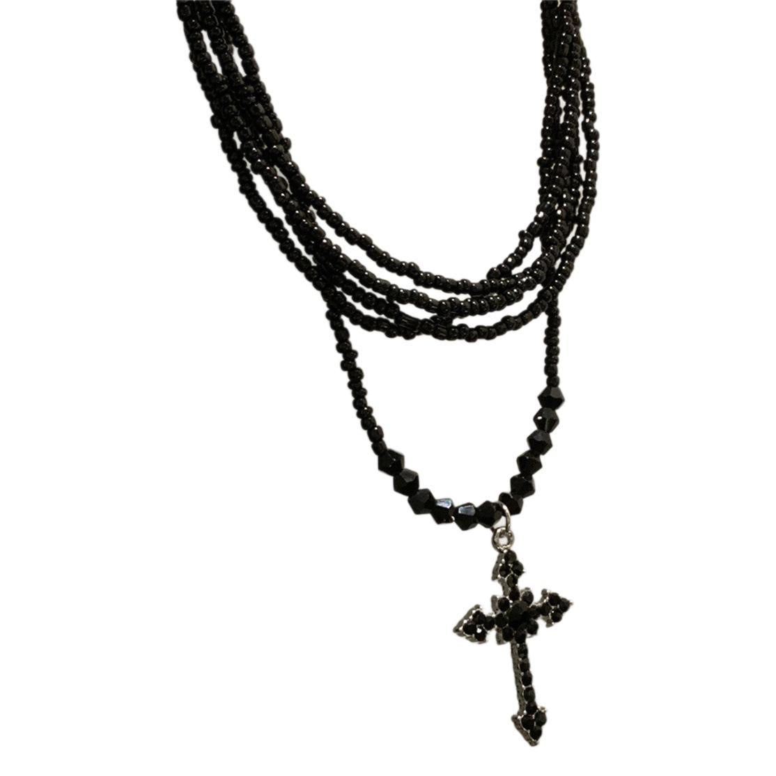 Wholesale  Shiny Rhinestone Cross Woven Rice Bead Multi-Layer Necklace
