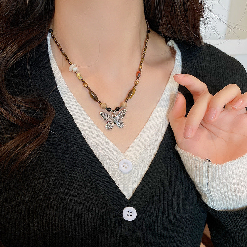 Wholesale Vintage Natural Stone Butterfly Alloy Necklace Titanium Steel ACC-NE-Ziyou002