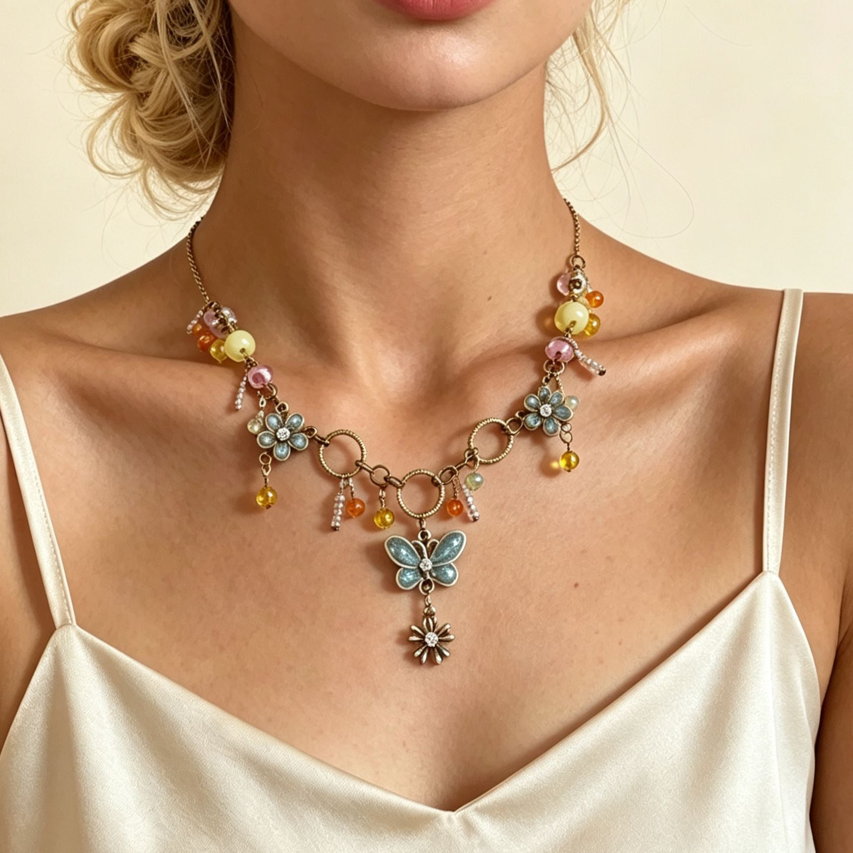 Wholesale Retro Distressed Light Gold Alloy Pendant Collarbone Necklace Blue Butterfly Flower Bead Design Trendy Jewelry Accessory For Women