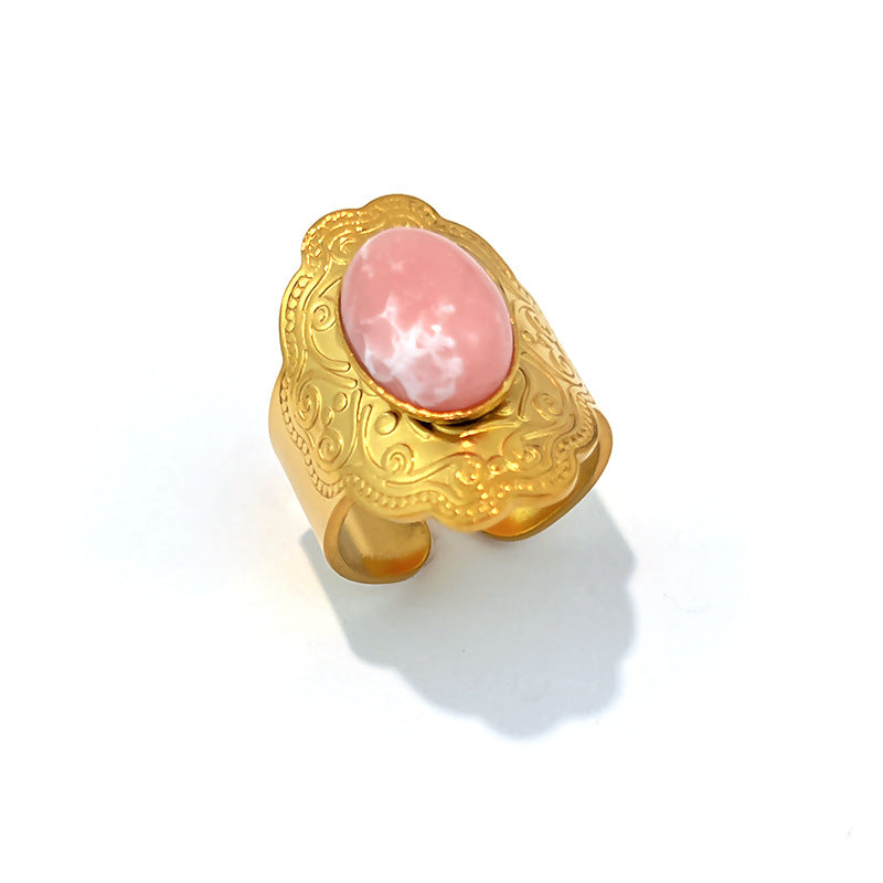 Wholesale Stainless Steel 18K Gold Plated Vintage Oval Gemstone Ring with Imitation Pearl and Turquoise - Fashion Jewelry Accessory for Resale