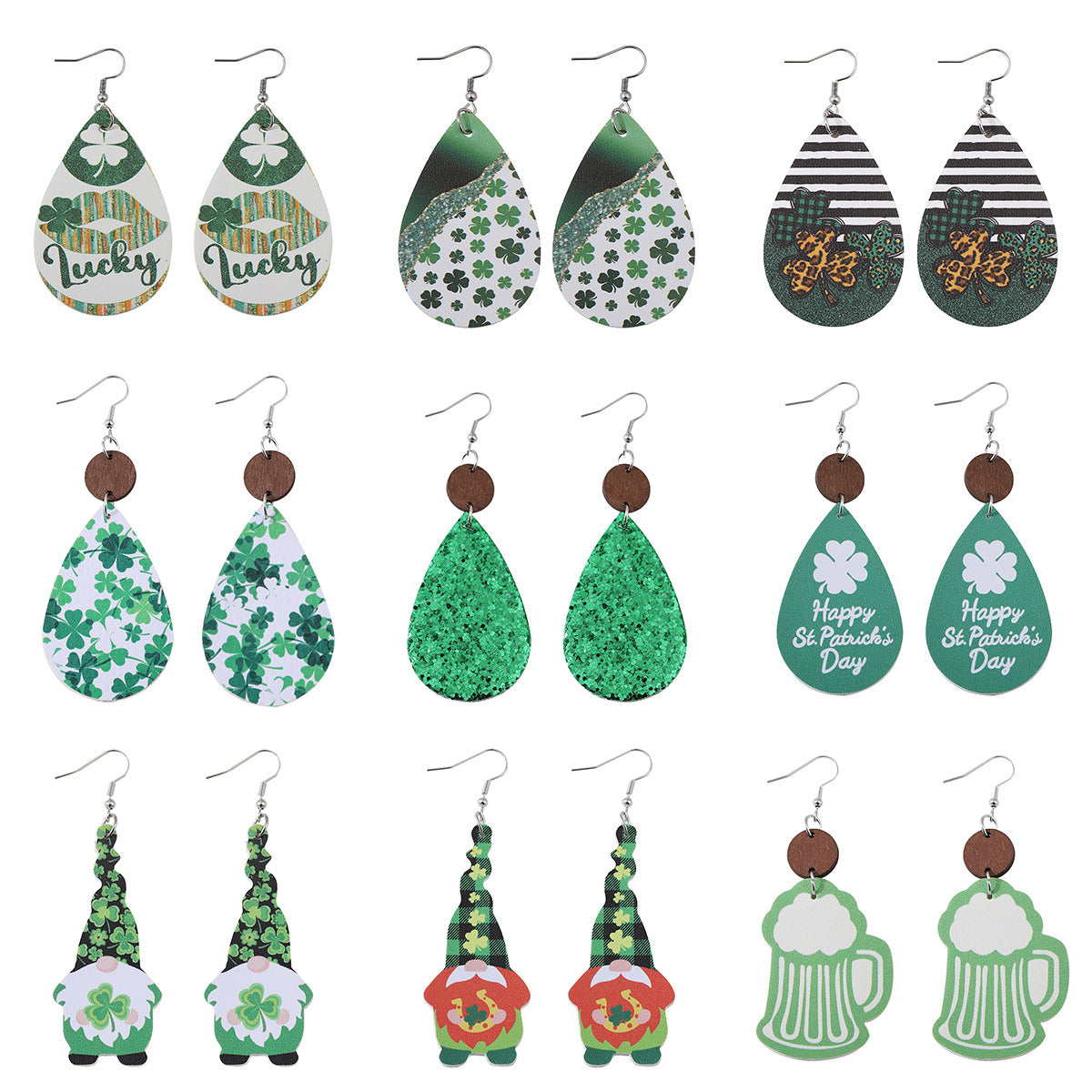 Wholesale St Patrick's Day dwarf beer round drop pendant PU  double-sided earrings