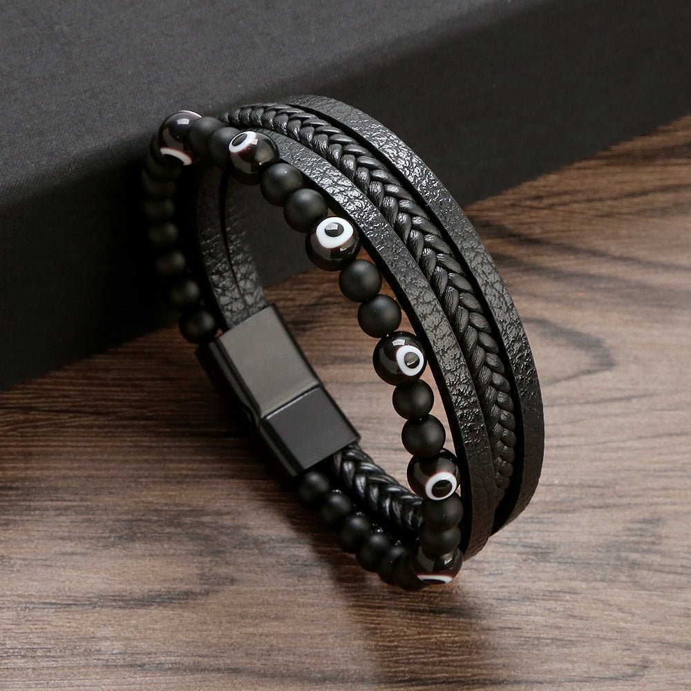 Wholesale glass bracelet for men vintage beaded leather multi-layer alloy buckle bracelet ACC-BT-Hongx003