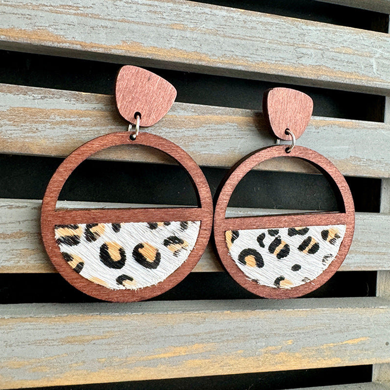Wholesale Western Geometric Stitching Hollow Inlay Leopard Leather Earrings  ACC-ES-XinChuan052