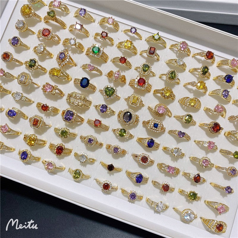 Wholesale Chic Colorful Zircon Inlaid Ring Gold Plated Copper Jewelry Accessory