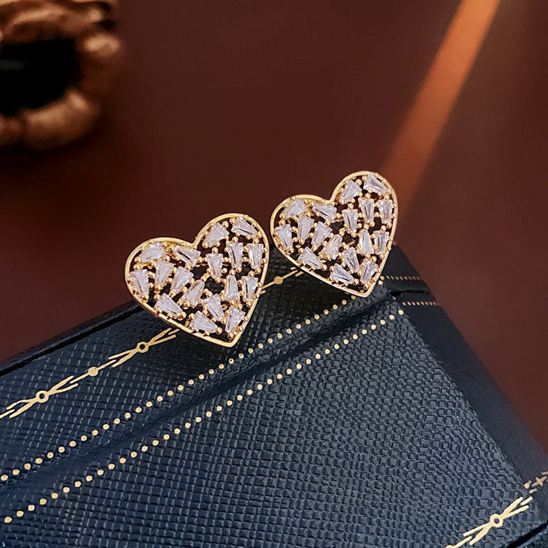 Wholesale Real gold plated silver needle zircon heart earrings