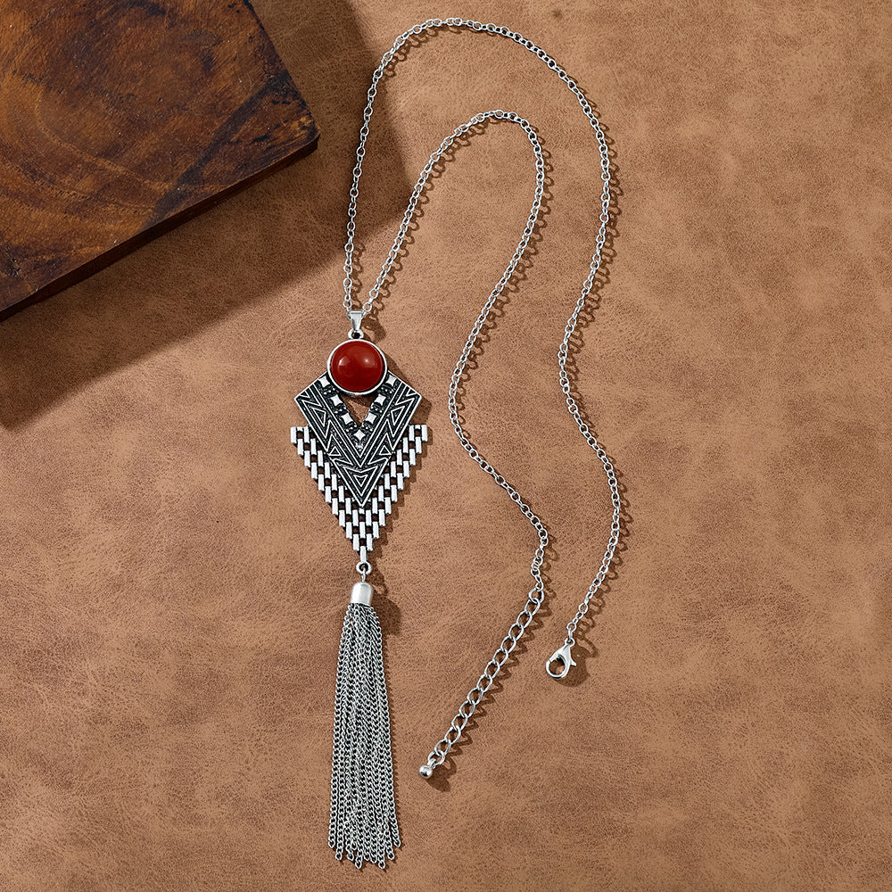 Wholesale European and American Foreign Trade Multi-Color Turquoise Fashionable Tassel Geometric Necklace Retro Ethnic Style Versatile Daily Accessories