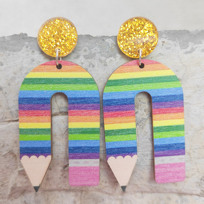 Wholesale 2 Pairs/pack Leopard Print Pencil Rainbow Wooden U-shaped Earrings Teacher's Day ACC-ES-HY028
