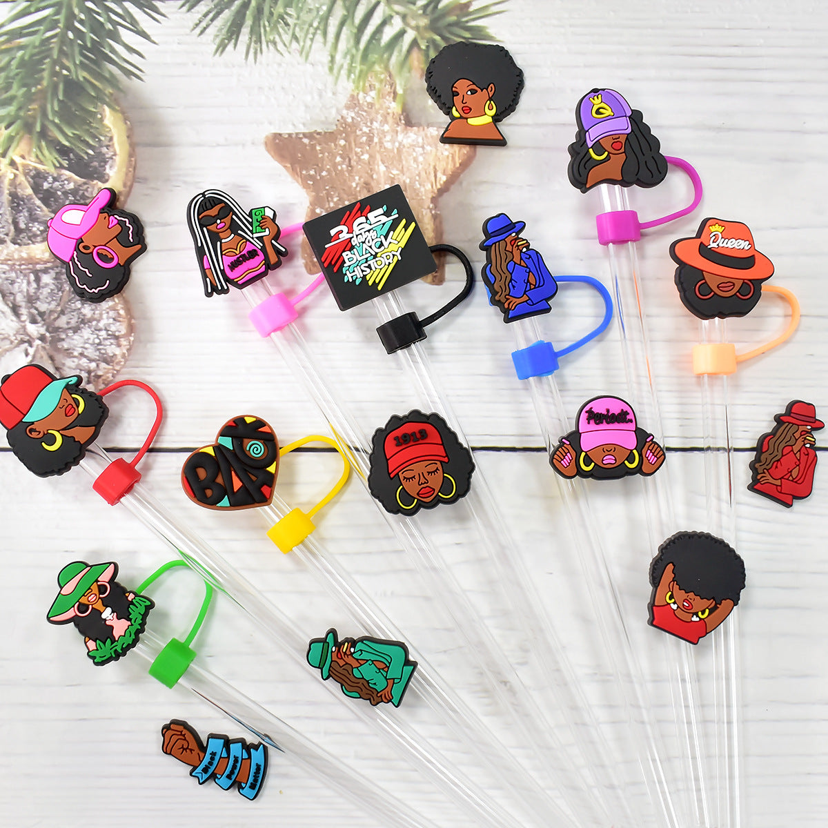 Wholesale 100pcs randomly black girl fashion series straw covers,  10mm soft silicone straw tube cap.