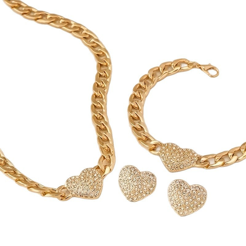Wholesale Trendy Gold Heart Cuban Chain Jewelry Set Fashion Earrings Necklace Bracelet Set For Women Everyday Jewelry Accessory Gift
