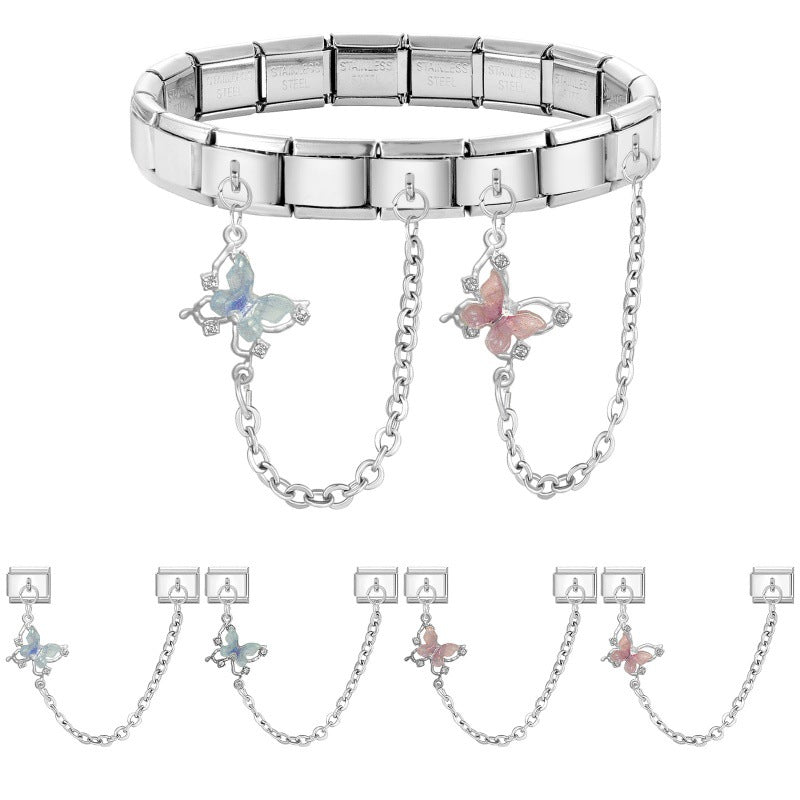 Wholesale 9mm Italian Charm Starter Bracelets DIY Butterfly Double Hanging Style Stainless Steel Composable Bracelet