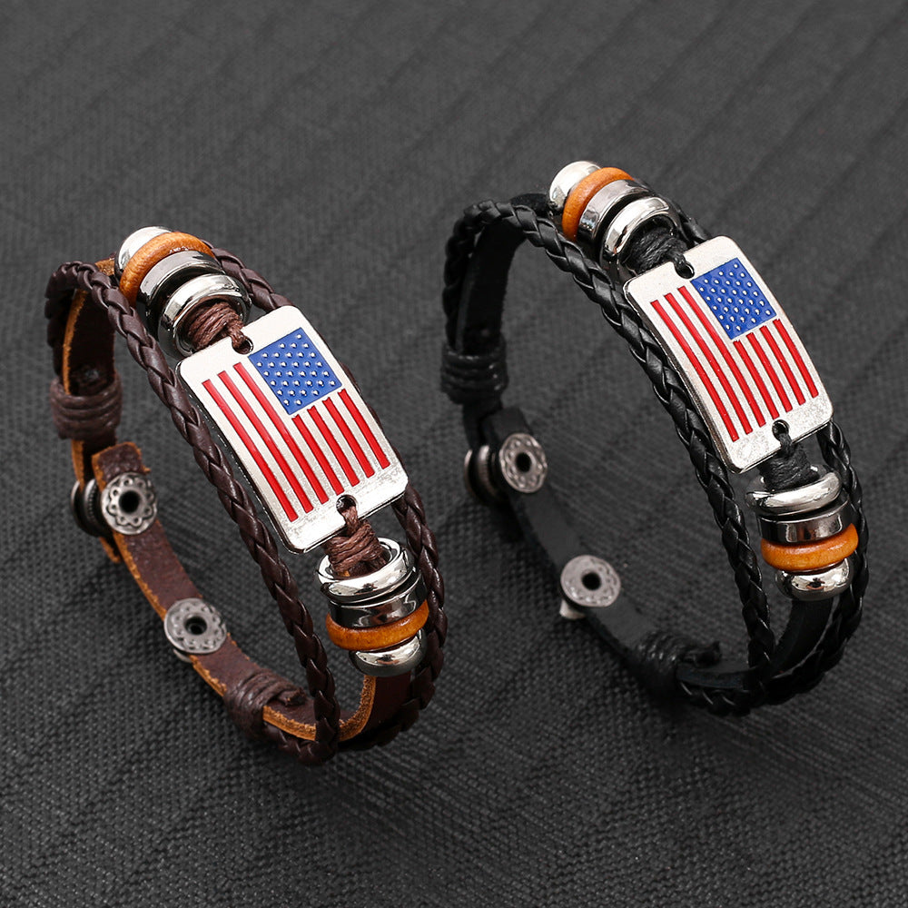 Wholesale Handmade Cowhide Leather Braided Bracelet Retro Flag Design Unisex Fashion Jewelry Gift