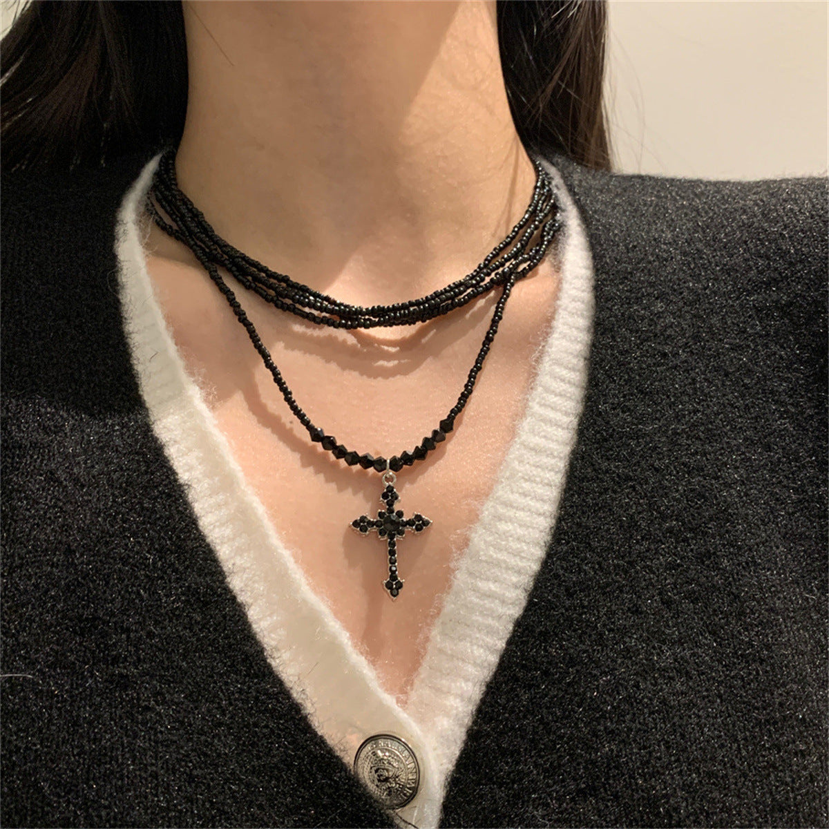 Wholesale  Shiny Rhinestone Cross Woven Rice Bead Multi-Layer Necklace