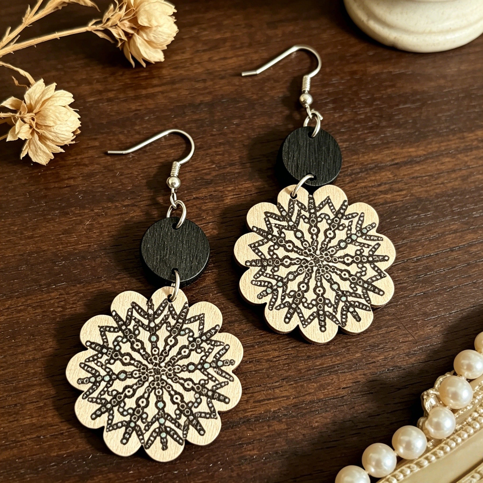 Wholesale Retro Mandala Snowflake Print Black Wood Earrings Boutique Resale Jewelry Accessory