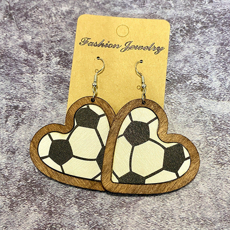 Wholesale Wooden Heart Shaped Sports Ball Earrings Fashion Jewelry Accessory For Casual Wear